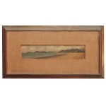 ÉMILE ROUÈDE (Avignon, França, 1848  Santos, São Paulo, 1908)  Pintor viajante .Litoral de Santos. Óleo s/ madeira. Óleo s/ madeira. Ass. cid.  A obra retrata uma paisagem costeira com o mar à esquerda e uma faixa de areia que se estende ao fundo. Moldura de madeira com passpartout, No verso apresenta etiqueta do Museu Nacional de Belas Artes. Pintor, litógrafo, caricaturista, escritor, fotógrafo, compositor, cantor e professor. Chega ao Brasil em 1880 e fixa residência no Rio de Janeiro.