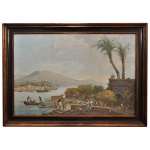 Pintor viajante , rara iconografia do Rio de Janeiro ,Baía de Guanabara vista da Ilha das Cobras ,século XIX ,sem assinatura aparente . A vista retrata o cotidiano colonial e imperial às margens da Baía de Guanabara a partir da Ilha das Cobras, destacando embarcações, palmeiras, a arquitetura fortificada e diversas figuras locais na beira do cais. Óleo s/ tela. 64 x 100 cm (MI). 82 x 117 cm (ME).