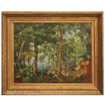 BENNO TREIDLER (Berlim, Alemanha, 1857 -  Rio de Janeiro, 1931) Pão de Açúcar, Árvores e Florestas. Ass, datado e localizado Rio,1929, cid. 64 x 78 cm (MI). 90 x 106 cm (ME). A pintura exibe o interior de uma mata densa e exuberante  possivelmente a Mata Atlântica fluminense, com árvores altas, palmeiras e folhagens variadas. No centro inferior da composição, pequenas figuras humanas aparecem integradas à paisagem natural. Ao fundo, vislumbra-se uma abertura na vegetação revelando uma linha de água. Pintor, desenhista, aquarelista, decorador, cenógrafo, professor. Cursa a Academia de Belas Artes de Berlim, na Alemanha, entre 1875 e 1880.