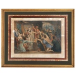 ACHILLE DEVÉRIA (Paris, 1800-1857) Atribuido - Cenas da Vida de Isabel, a Católica - Isabel Reusa la Corona de Su Hermano" (Isabel Recusa a Coroa de Seu Irmão) Litografia cromada s/ papel, apresentando manchas de umidade e sinais do tempo. 60 x 76 cm (MI). 87 x 104 cm (ME).