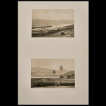 LOUIS-JULIEN JACOTTET E VICTOR FROND - Par de litografias intitulado "St. Fidelis" / "Les Bords Du Parahyba", criado em 1861. Painel Superior ("St. Fidélis"): Mostra uma vista panorâmica da histórica cidade fluminense de São Fidélis, localizada às margens do Rio Paraíba do Sul. Painel Inferior ("Les Bords du Parahyba"): Retrata os arredores e as margens rurais do rio, destacando a vegetação nativa com palmeiras e figuras humanas próximas a uma cerca de madeira. Litografia original impressa em Paris pela famosa oficina de Lemercier. 68 x 54 cm.