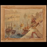 GEORGE AYLING (1887-1960)  "Harbor Boats". A pintura retrata um porto movimentado na Cornualha, com barcos de pesca ancorados. Aquarela s/ papel. Ass. cid. 31 x 41 cm (MI). 42 x 52 cm (ME). Obra sem moldura. Artista britânico conhecido por suas cenas costeiras.