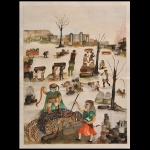 ARTE NAIF - Cenas rurais brasileiras com personagens estilizados e paisagens áridas. A composição inclui figuras humanas em tons terrosos, vegetação seca e estruturas arquitetônicas simples. 63 x 48 cm. Obra sem moldura.