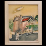 JEAN PIERRE LACOURT  "Sentes du Paradis - Bretagne". Óleo s/ tela (casa). 51 x 41 cm (MI). 62 x 52 cm (ME). Paisagem com traços expressionistas e modernos, retratando uma construção residencial com telhado destacado e caminhos na região da Bretanha. Artista francês que desde muito jovem se apaixonou pela pintura. Formado em arquitetura, exerceu a profissão principalmente em Paris até 2002. Depois não parou mais de pintar.