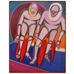 MARIANA HELENA CHARTUNI (São Paulo, 1942)  Os Ciclistas. Óleo s/ tela. Ass. e datado 91, cid. 121 x 95 cm (MI). 124 x 98 cm (ME). Artista, escultora e restauradora brasileira. É amplamente reconhecida não apenas por suas pinturas e esculturas marcantes, mas também por sua carreira como restauradora do MASP. Ela ficou nacionalmente famosa por liderar o meticuloso trabalho de reconstrução da imagem original de terracota de Nossa Senhora Aparecida, que havia sido fragmentada em cerca de 200 pedaços durante um atentado em 1978.