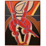 MARIANA HELENA CHARTUNI (São Paulo, 1942)  Equilíbrio Lieral. Óleo s/ tela. 120 x 95 cm (MI). 123 x 98 cm (ME). Na tela Equilíbrio Sideral, as figuras humanas ganham contornos fortes e marcantes, quase geométricos, sugerindo movimentos corporais precisos, flexíveis e dinâmicos. Artista, escultora e restauradora brasileira. É amplamente reconhecida não apenas por suas pinturas e esculturas marcantes, mas também por sua carreira como restauradora do MASP. Ela ficou nacionalmente famosa por liderar o meticuloso trabalho de reconstrução da imagem original de terracota de Nossa Senhora Aparecida, que havia sido fragmentada em cerca de 200 pedaços durante um atentado em 1978.