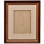 EMILIANO DI CAVALCANTI (Rio de Janeiro, 1897 - 1976) - Figura Feminina Nua em Pose, Desenho a lápis s/ papel. Ass. localizado e datado São Paulo 1967, cid. 30 x 22 cm (MI). 56 x 48 cm (ME). Moldura em madeira. Apresenta leves sinais do tempo, com pequenas manchas de oxidação. Possui traços fluidos, minimalistas e marcantes característicos dos esboços e estudos anatômicos de Di Cavalcanti, que frequentemente exaltavam as formas e a identidade da mulher brasileira. Pintor, ilustrador, caricaturista, gravador, muralista, desenhista, jornalista, escritor e cenógrafo. Um dos expoentes da pintura brasileira, Di Cavalcanti (nome escolhido por ele para assinar seus quadros) destaca-se por retratar figuras populares em sua busca constante por constituir uma arte nacional.
