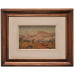 ALFREDO VOLPI (Lucca, Itália 1896  São Paulo, 1988)  Paisagem Campestre com Figura. Óleo s/ cartão colado em eucatex. Ass. e numerada no verso, A-4889. 20 x 30 cm (MI). 50 x 61 cm (ME). A cena exibe uma composição impressionista com pinceladas marcantes e texturizadas, retratando uma figura solitária caminhando por uma estrada ou campo sob um céu crepuscular com tons rosados e amarelados. A tela está fixada em um chassi menor de madeira clara, montado sobre uma estrutura intermediária de Eucatex ou tecido tensionado, tudo isso protegido por uma moldura externa de madeira robusta em tom natural. Pintor. Com uma trajetória singular e passagem por distintas vertentes da pintura, Volpi destaca-se por suas paisagens e temas populares e religiosos, como a série de bandeirinhas de festa junina.
