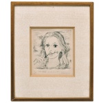 MARYSIA PORTINARI (Araçatuba, São Paulo, 1937)  Auto- retrato. Gravura em metal executada em ponta-seca. A tiragem desta série foi limitada a 111/111 exemplares assinados e numerados manualmente pela artista. Ass. e datado 1973, cid. 17 x 15 cm (MI). 38 x 31 cm (ME). Um retrato linear em preto e branco que exibe uma figura feminina com traços delicados, segurando um ramo ou elemento floral entre os lábios. Moldura no estado (solta). Sinais do tempo.