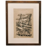 MÁRIO ZANINI (São Paulo, 1907  1971)  Obra pintada nos dois lados. A) Pescadores e Embarcações. Gravura original. Ass. e localizado Bahia, cid. 44 x 30 cm (MI). 68 x 54 cm (ME). Representação de pescadores e embarcações tema recorrente na produção do artista, fortemente ligado ao cotidiano operário e popular paulistano e do litoral. A obra está emoldurada com passe-partout. claro e moldura de madeira escura e rústica, preservando as características de época da peça. B) Mulher Nua Sentada. Desenho em traço preto sobre papel. 44 x 30 cm (MI). 68 x 54 cm (ME). A figura humana feminina e o nu artístico foram grandes temas caracterizados por linhas fluidas, expressivas e de forte identidade modernista. Pintor, decorador, ceramista, professor.