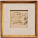 Assinada com as iniciais ACM - Paisagem Rural com Nuvens e Árvores. Desenho s/ papel. Ass. cid. 15 x15 cm (MI). 32 x 33 cm (ME). Moldura de madeira dourada