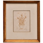 FULVIO PENNACCHI (Toscana, Itália, 1905  São Paulo, 1992)  Natureza Morta representando um Vaso de Flores Silvestres. O buquê centralizado é emoldurado por linhas sinuosas e fluidas ao fundo, características do traço expressivo e lírico do artista. Desenho original em papel Ass. e datado 70,  cid.17 x 14 cm (MI). 35 x 31 cm (ME). Apresenta-se montada com um passe-partout claro e uma moldura clássica de madeira dourada com aspecto envelhecido. Pintor, ceramista, desenhista, ilustrador, gravador, professor. Interessado pela figura humana, pela natureza e por temas religiosos, privilegia a simplicidade e a harmonia em seus trabalhos, nos quais coexistem referências clássicas e modernas. Inaugura em São Paulo a técnica de pintura de murais e afrescos.