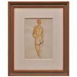 TADASHI KAMINAGAI (Hiroshima, Japão 1899 - Paris, França 1982) - Nu Feminino de Costas. Técnica mista com aquarela e lápis, Ass cie. 30 x 20 cm (MI). 54 x 45 cm (ME). A obra e realizada com traços fluidos de contorno e sombreado em aquarela ou guache em tons terrosos. O estilo artístico foca na síntese da forma humana, utilizando linhas gestuais rápidas e expressivas típicas de estudos anatômicos acadêmicos. Apresenta um passe-partout largo e uma moldura clássica de madeira com detalhes em filetes nas cores cinza-azulada e marrom. Pintor, desenhista, professor. Por iniciativa da família, ingressa aos 14 anos num mosteiro budista na cidade japonesa de Kobe. Dois anos depois, viaja para as Índias Ocidentais Holandesas, atual Indonésia, atuando como missionário e agricultor até 1927. Nesse ano, decidido a seguir carreira artística, muda-se para Paris, onde conhece o artista Tsugouharu Foujita (1886-1968), que o orienta na pintura natural.