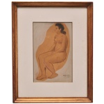 FULVIO PENNACCHI (Toscana, Itália, 1905  São Paulo, 1992) - Nu Feminino. Desenho original. Ass. e datado 42, cid.  25 x 16 cm (MI). 43 x 33 cm (ME). Trata-se de um estudo anatômico clássico que representa uma figura feminina nua sentada de perfil, ressaltando o domínio técnico de linhas e sombreados suaves característicos do modernismo brasileiro. Pintor, ceramista, desenhista, ilustrador, gravador, professor. Interessado pela figura humana, pela natureza e por temas religiosos, privilegia a simplicidade e a harmonia em seus trabalhos, nos quais coexistem referências clássicas e modernas. Inaugura em São Paulo a técnica de pintura de murais e afrescos.