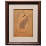 Figura Estilizada em tons pastel. Desenho. Ass. cid. 36 x 26 cm (MI). 61 x 51 cm (ME). A peça apresenta uma forma humana abstrata com linhas finas e contornos suaves, característica de artistas modernos brasileiros. Obra está protegida por um passe-partout branco e uma moldura de madeira escura com detalhes entalhados