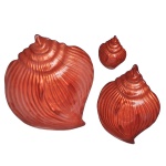 Conjunto de 1 saladeira e 2 covilhetes em formato de concha marinha feito de vidro colorido em tom acobreado. Essas peças utilitárias e ornamentais são comumente utilizadas em decorações com temática náutica ou praiana. 9 x 36 x 24 cm / 6 x 22 x 15 cm / 5 x 14 x 10 cm.