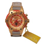 INVICTA Marvel Iron Man - Modelo 25781. Relógio de pulso de edição limitada temática inspirada no herói da Marvel, Tony Stark. Traz as cores clássicas do Homem de Ferro, com caixa e pulseira em tom dourado, detalhes texturizados em vermelho no bisel e o icônico reator Arc/máscara estilizado no mostrador secundário. Caixa robusta com cerca de 51.5 mm de diâmetro feita em aço inoxidável. Movimento de quartzo com função de cronógrafo. Resistência à água de até 100 metros. Novo sem uso.