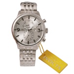 INVICTA Specialty Multi-Function. Modelo 0366. Relógio de pulso com caixa e pulseira robustas feitas em aço inoxidável polido. Fundo prateado texturizado com numeração estilizada marcando as posições de 3 e 9 horas. Funções multifuncionais que incluem marcadores para o mês (submostrador superior) e formato de 24 horas (submostrador inferior). Janela indicadora de data localizada de forma discreta na posição das 3 horas. Mecanismo de quartzo preciso. Proteção contra água de até 100 metros (10 ATM). Novo sem uso.