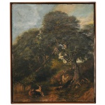 Assinatura não Identificada - Paisagem Rural com Figuras e Animais. Óleo s/ tela. Reintelado. Ass. cid. 60 x 48 cm. Apresenta elementos clássicos como grandes árvores frondosas, um céu nublado e figuras humanas ou animais descansando no cenário.