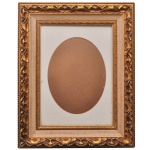 Moldura em madeira nobre com acabamento dourado ornamentado e abertura oval. 43 x 32 cm (MI). 64 x 53 cm (ME).