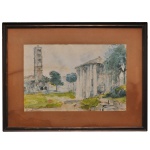 Assinatura não Identificada - Ruínas na Itália, possivelmente o Templo de Vesta. Aquarela colorida. Apresenta características artísticas e está emoldurada. Sinais de envelhecimento, como pontos de acidez no papel. 33 x 50 cm (MI). 53 x 70 cm (ME).