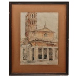 Assinatura não Identificada - Igreja de San Giorgio in Velabro. Aquarela. Ass. e localizada Roma, Itália, cid.  cid. Apresenta o campanário medieval e o pórtico característicos da basílica. 50 x 36 cm (MI). 71 x 57 cm (ME).