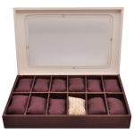 Caixa organizadora de relógios de formato retangular, na cor marrom com tampa de vidro e capacidade para 12 unidades. 7 x 33 x 23 cm.