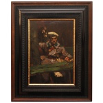 Escola Alemã. Década de 30. Assinatura não Identificada. "Soldat und Tod" (Soldado e a Morte). Óleo s/ madeira. Ass. cid. 48 x 32 cm (MI). 76 x 61 cm (ME). A obra retrata a figura expressiva e imponente de um oficial ou soldado militar fardado, utilizando pinceladas marcantes e texturizadas com forte contraste de luz e sombra. 48 x 32 cm (MI). 78 x 61 cm (ME).