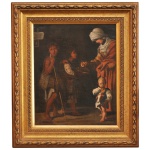 Escola Europeia. Século XIX - Cena de Caridade de Santa Isabel da Hungria. Óleo s/ tela. 28 x 23 cm (MI). 40 x 36 cm (ME). A cena retrata a devoção cristã por meio do ato de caridade e benevolência, onde a figura materna ou santa distribui pão e amparo a crianças necessitadas em um ambiente de forte contraste de luz e sombra. Do lado direito, uma mulher vestida com mantos coloridos e lenço na cabeça entrega o alimento; ao centro e à esquerda, crianças em trajes humildes estendem as mãos e seguram cajados, recebendo a doação.