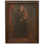 Escola de Cusco. Séc. XIX  Santo Antônio com o Menino Jesus, apresentando figuras com rostos delicados e mantos com detalhes em dourado. A pintura mostra Santo Antônio segurando o Menino Jesus, com fundo paisagístico contendo árvores e flores. 87 x 65 cm (MI). 104 x 82 cm (ME).