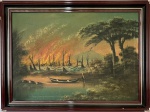 Sem assinatura - Paisagem com barco - OST, med. 50X70cm, com moldura em madeira med. 59X79cm. Apresenta desgaste na moldura.