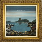 RAFFAELE GORIZIA - Rio a Noite - OST, assinado e datado 1998 CIE e verso, med. 60X60cm com moldura em madeira com detalhes em relevo dourado, med. 80X80cm. Poucas perdas na moldura. 