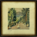 Impressão emoldurada retratando cena da cidade italiana Ospedaletti, med. 12X12cm com moldura em madeira e proteção de vidro med. 20X20cm 