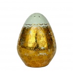 Antigo saleiro em porcelana vintage em formato de ovo com decorações de flores e flocos de neve em dourado, med. 8,5cm de altura. 