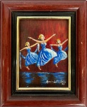 ARMINDA CRYSTELLA - Três Bailarinas vestindo azul, OSE assinado e datado 98 CID, med. 9X12cm com moldura em madeira med. 14,5X17,5cm. 