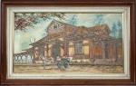 MARIA AUGUSTA  (1927-1985) - Estação Ferroviária de São Lourenço MG - OST, assinado CID, med. 52X95cm, com moldura em madeira med. 73X115cm. Apresenta pequenas perdas na pintura, furo na tela e desgaste na moldura. 