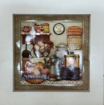 Quando decorativo 3D em papel com cenário Arte Francesa, med. 30X30cm, com moldura na cor branca med. 40X40cm. Faltando vidro de proteção. 