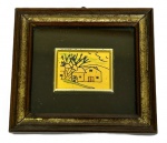 CAMILLETTI & C. - Pequeno quadro de cromolitografia italiano de paisagem rural feito à mão em folha de ouro 23Kt, med. arte 3X4cm com moldura em madeira e proteção de vidro med. 9,1X9,6cm