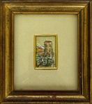 Pequena gravura artística italiana em prata esterlina 925, assinada, retratando cena urbana com figura em relevo, med. arte 3X4,5cm com moldura em madeira pintada de dourado e proteção de vidro, med. 12X13,5cm.  
