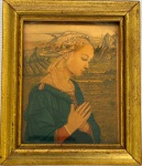 Pequena reprodução da pintura Madona em Adoração de Fra Filippo Lippi, med. 7X9cm com moldura em madeira pintada de dourado e proteção de vidro med. 10X12cm