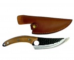 Faca artesanal rústica em aço inox com acabamento brutal forge e cabo em madeira com rebites metálicos, em bainha de couro e suporte para cinto, med. 27,5cm 