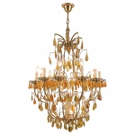 Lustre de teto com estrutura metálica trabalhada, apresentando braços curvos ornamentais em acabment