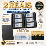 Álbum com a Série 2 Reais da 2ª familia Completa e Flor de Estampa - Álbum com todas as 55 Cédulas de 2 Reais da 2ª Familia emitidas até hoje no estado Flor de Estampa - São todas as Séries C-333 a C-339, Letra AA (2013) Até LH (2025) passando por todas as Chancelas Raras - Álbum NOVO de Capa Dura com 20 Folhas de Acetato pára 60 Cédulas. Custo somente das Cédulas + Álbum R$ 1.800.00, porém é muito raro conseguir encontrar todas as 55 letras juntas.