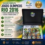 Moedas Coloridas - Estojo RIO 2016 Completo com as 17 Moedas das Olimpiadas, inclusive Bandeira - Estojo de Veludo + Moeda da Bandeira Colorizada + as 16 moedas Modalidades e Mascotes Colorizadas - Todas as Moedas são Flor de Cunho - Total de 17 moedas + Estojo Temático de veludo. Moedas Originais da CMB com Mintagem feita por empresa privada. Edição Limitada