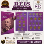 Album Compacto Réis do Brasil 1918 a 1942 - Lista de moedas: 20 a 400 Réis 1918/1935 - 500 e 100 Réis 1922 - 500 e 1000 Réis Fortuna - 2000 Réis Mocinha (Prata) - 100 Réis 1932 - 100 a 400 Réis 1936/1938 - 500 e 1000 Réis 1935 a 1938 - 2000 Réis 1936 a 1938 - 100 a 400 Réis 1938 a 1942 (Série Getúlio) - 500 a 2000 Réis 1939 - Total 25 Moedas - Moedas circuladas em estado MBC -
