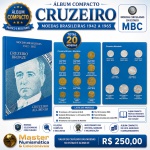 Album Compacto Moedas Brasileiras - 1942 a 1965 - Cruzeiro - Lista de moedas: 10 centavos a 5 Cruzeiros de Br.Al, incluindo 50 Centavos, 1 e 2 Cruzeiros 1956 (Reduzido) -10 Centavos a 2 Cruzeiros de Aluminio - 10 a 50 Cruzeiros 1965 - Total  20 Moedas - Moedas circuladas em estado MBC