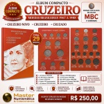 Album Compacto Moedas Brasileiras - 1967 a 1988 - Cruzeiro Novo ao Cruzado  - Lista de moedas: 1 a 5 Centavos 1967/1975 - 10 a 50 Centavos 1967/1979 - 1 Cruzeiro 1970/1978 - 1 Cruzeiro 1972 (comemorativa) - 1 a 5 Centavos 1975/1978 (FAO) - 1 Centavo 1979/1983 (Sojinha) - 1 a 50 Cruzeiros 1979/1985 - 100 a 500 Cruzeiros 1985/1986 - 1 Centavo a 10 Cruzados 1986/1988 - 100 Cruzados 1988 (AXÉ) - Total  29 Moedas - Moedas circuladas em estado MBC e SOBERBAS