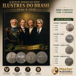 Álbum de Moedas da série Ilustres do Brasil 1936 a 1938 - Réis de Cuproniquel - Série Completa com 12 Moedas - 100 Réis Tamandaré 1936 a 1938, 200 Réis Mauá 1936 a 1938, 300 Réis Carlos Gomes 1936 a 1938 e 400 Réis Oswaldo Cruz 1936 a 1938 - Belissimo álbum com pespaço para colocar e retirar facilmente as moedas, pois tem pelicula de acetado para abrie fechar o espaço das moedas  - Moedas Circuladas
