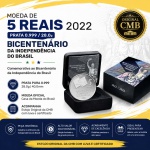 Moeda de 5 Reais 2022 - Prata 0.999 / 28.0g - Bicentenário - Estojo com a Moeda de 5 Reais 2022 - Bicentenário da Independência - 40.0mm - P-760 - Comemorativa ao Bicentenário da Independência do Brasil - Estojo Original da CMB com luva e certificado
