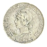 Moeda de 1000 Réis 1909 - Prata 0.900 - 10.0g (9.0g de Prata Fina) - 26.0mm - P-689 - V Gramas - Circulada
